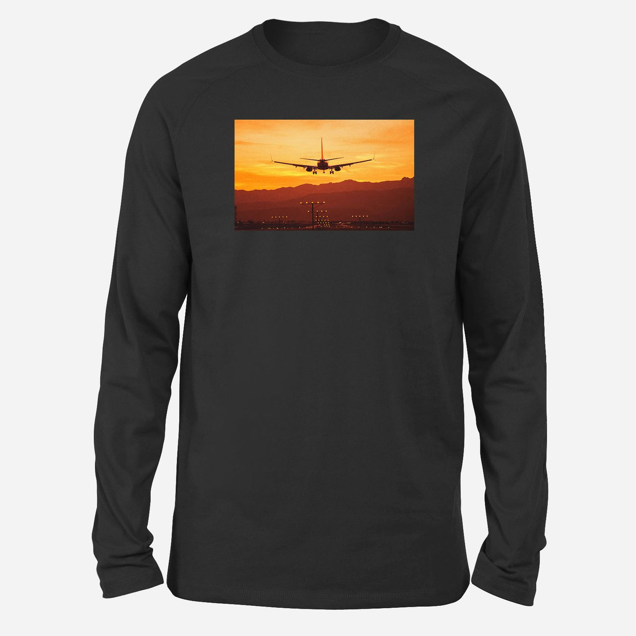 Landing Aircraft During Sunset Designed Long-Sleeve T-Shirts