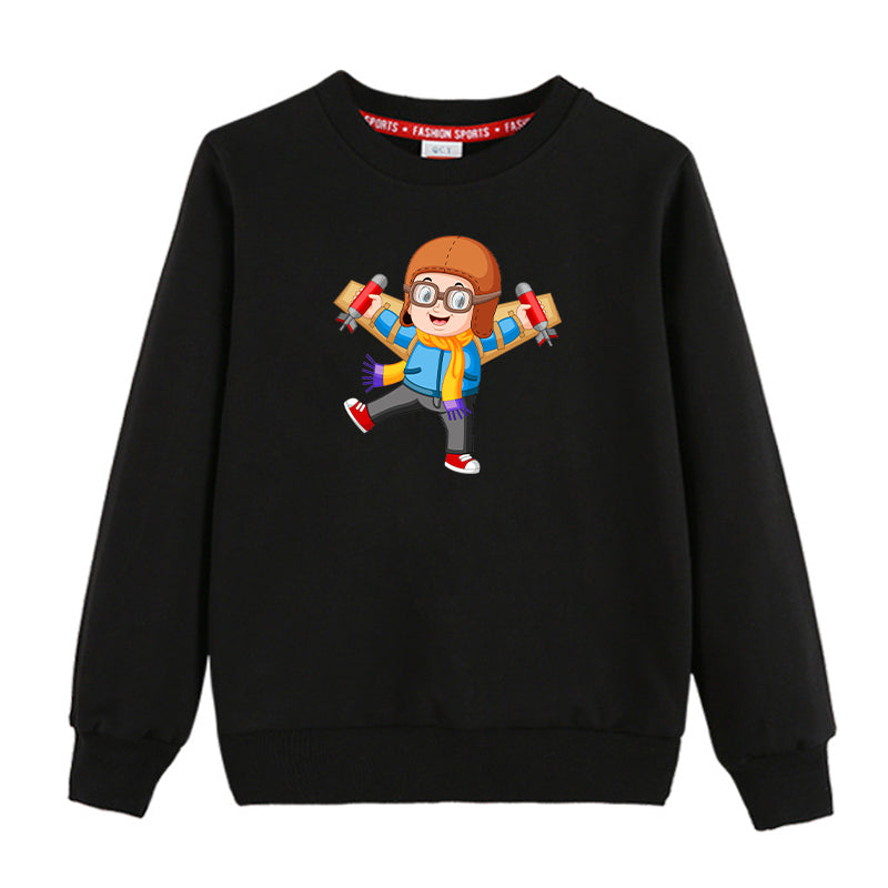 Cute Little Boy Pilot Costume Playing With Wings Designed "CHILDREN" Sweatshirts