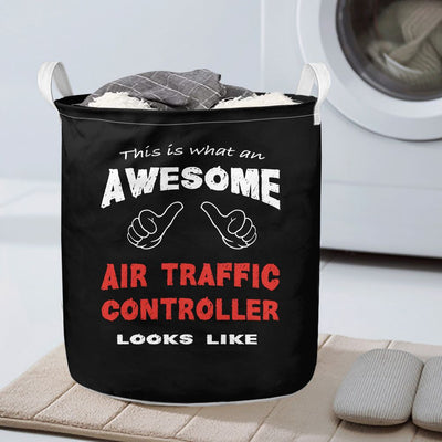 Air Traffic Controller aviation design on durable fabric with reinforced handles laundry basket.