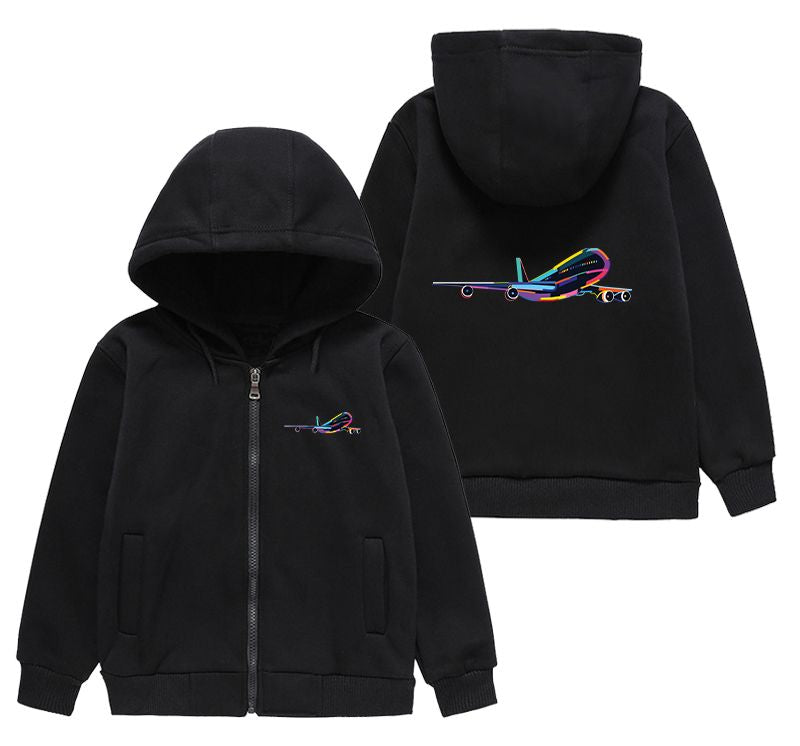 Multicolor Airplane Designed "CHILDREN" Zipped Hoodies