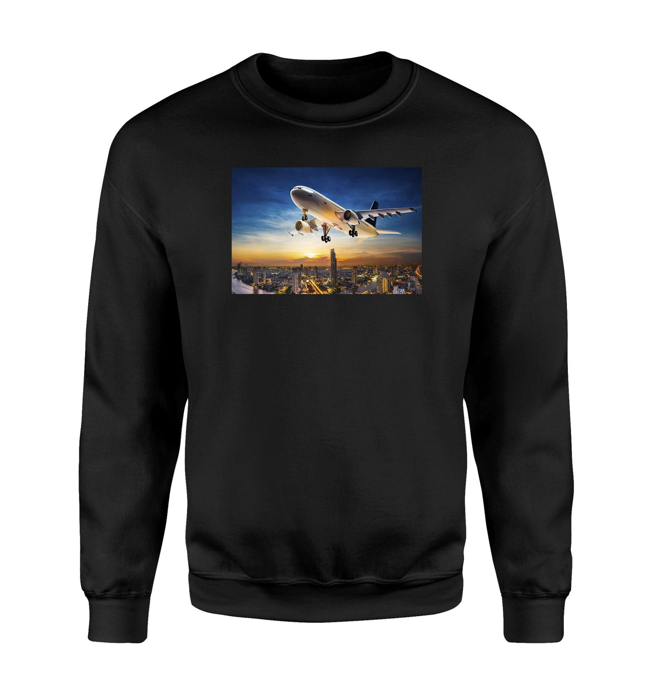 Super Aircraft over City at Sunset Designed Sweatshirts