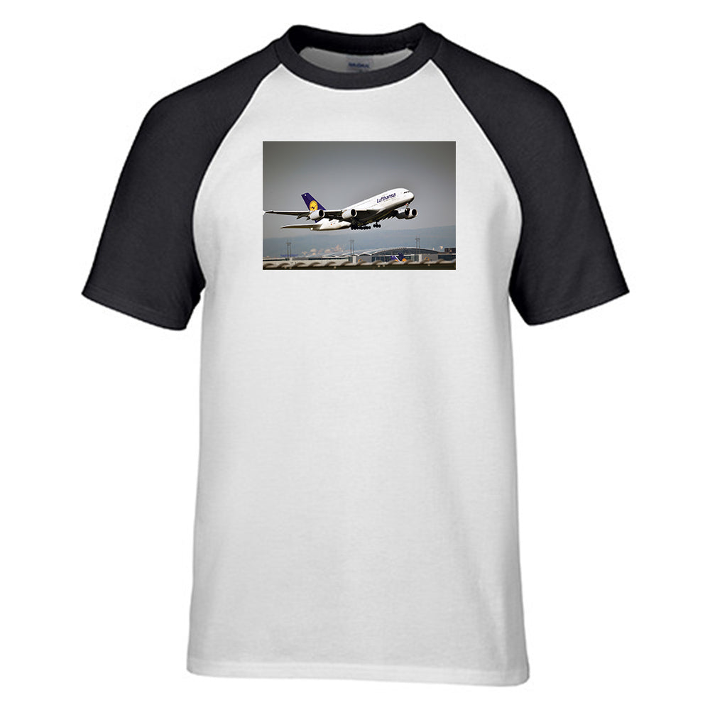 Departing Lufthansa A380 Designed Raglan T-Shirts