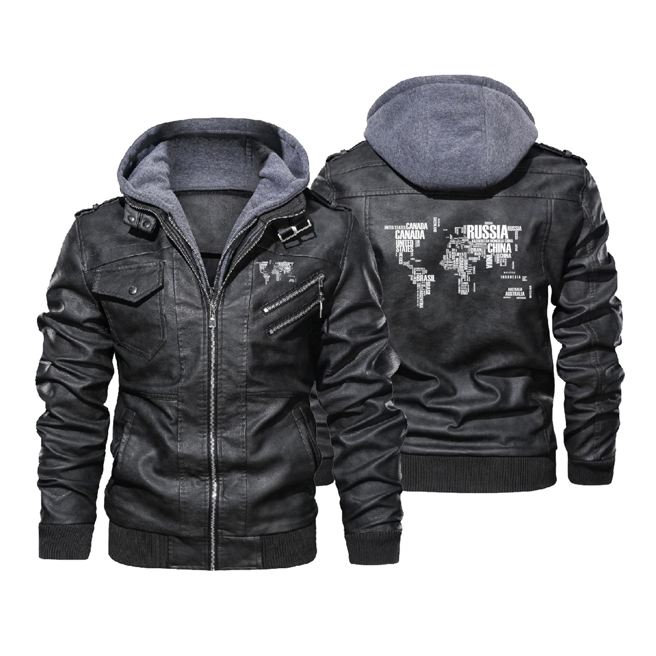 World Map (Text) Designed Hooded Leather Jackets