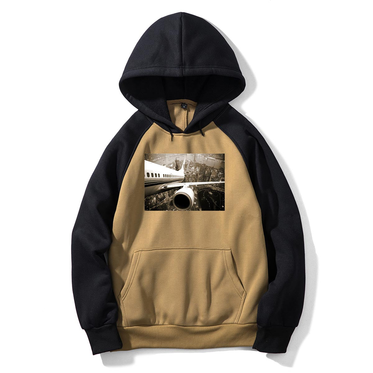 Departing Aircraft & City Scene behind Designed Colourful Hoodies