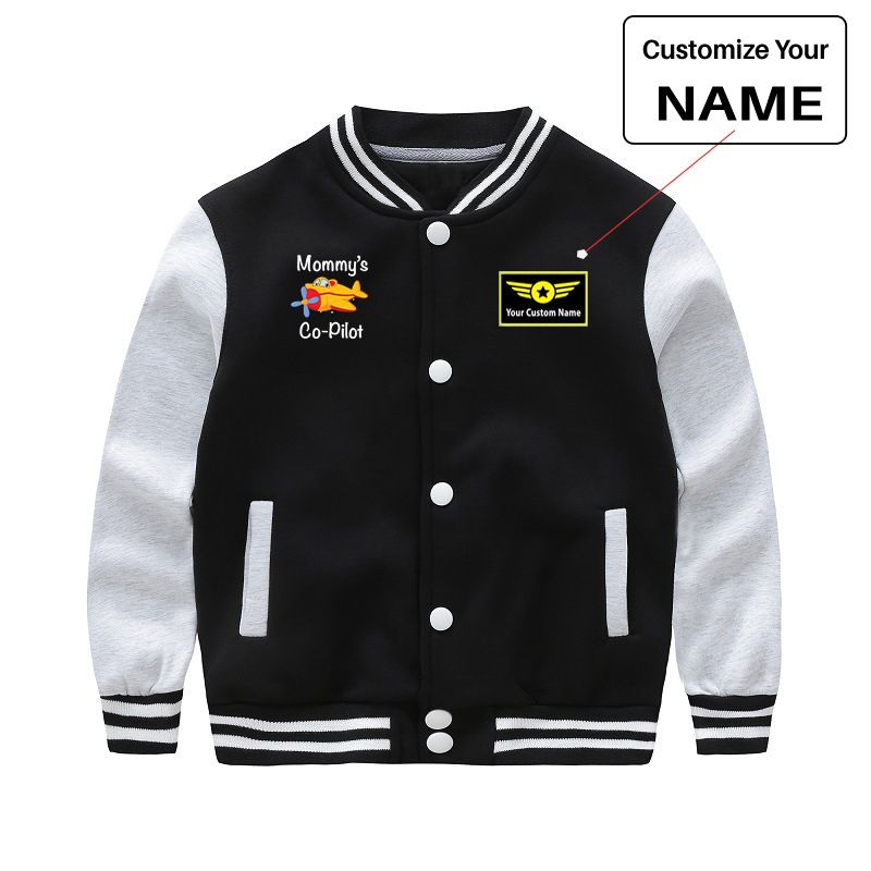Mommy's Co-Pilot (Propeller) "CHILDREN" aviation design printed on two-tone shell with ribbed cuffs kids' baseball jacket.