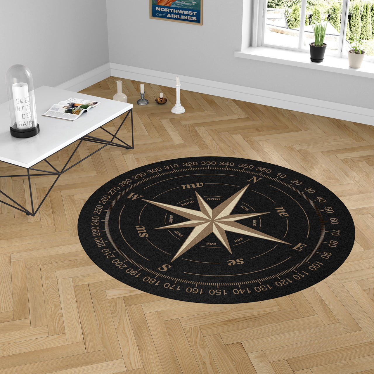 Black Vintage Style Compass Designed Carpet & Floor Mats (Round)