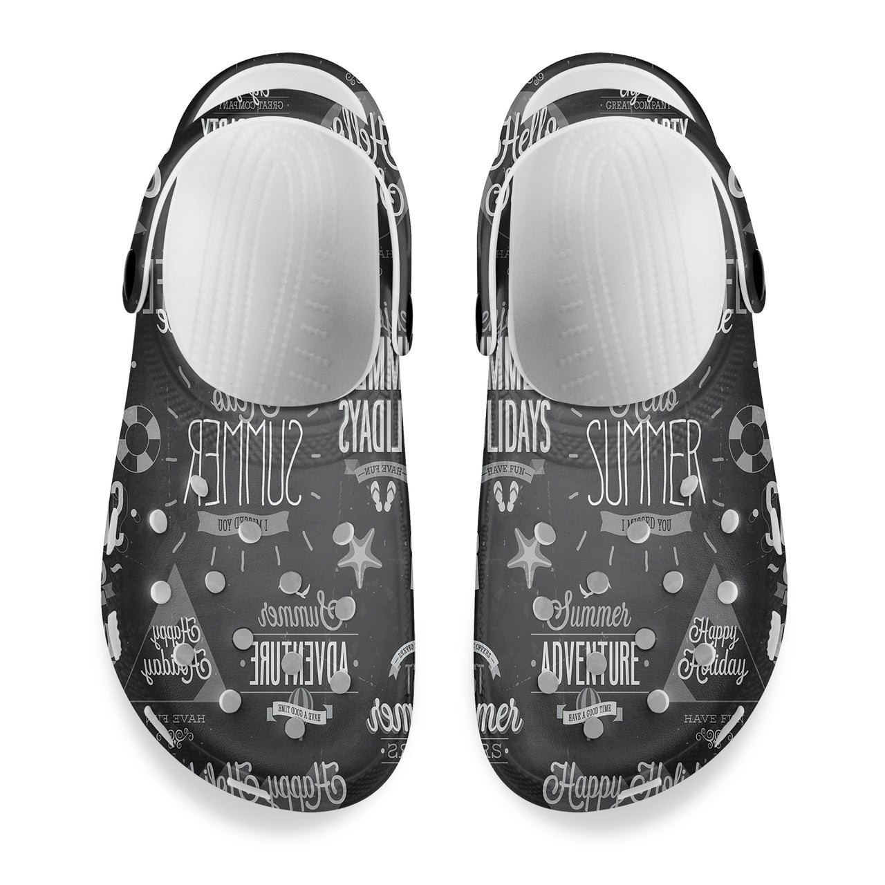 Black & White Super Travel Icons Designed Hole Shoes & Slippers (WOMEN)