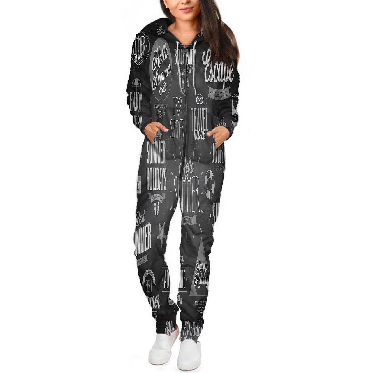 Black & White Super Travel Icons Designed Jumpsuit for Men & Women