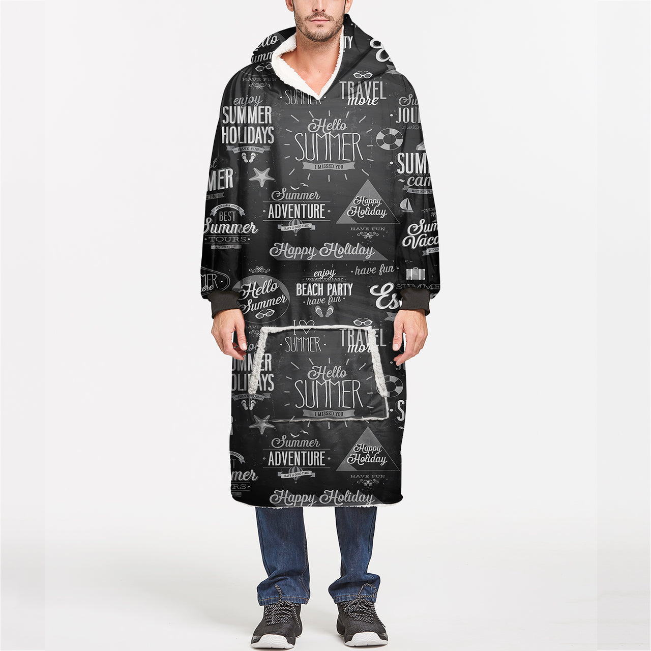 Black & White Super Travel Icons Designed Blanket Hoodies