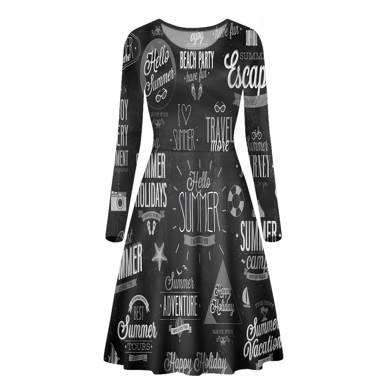 Black & White Super Travel Icons Designed Long Sleeve Women Midi Dress