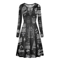 Thumbnail for Black & White Super Travel Icons Designed Long Sleeve Women Midi Dress
