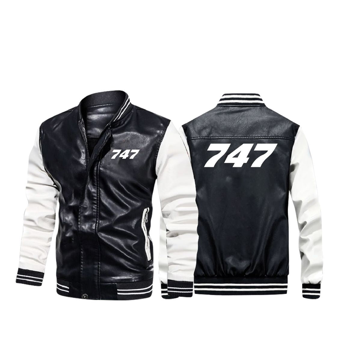 747 Flat Text Designed Stylish Leather Bomber Jackets