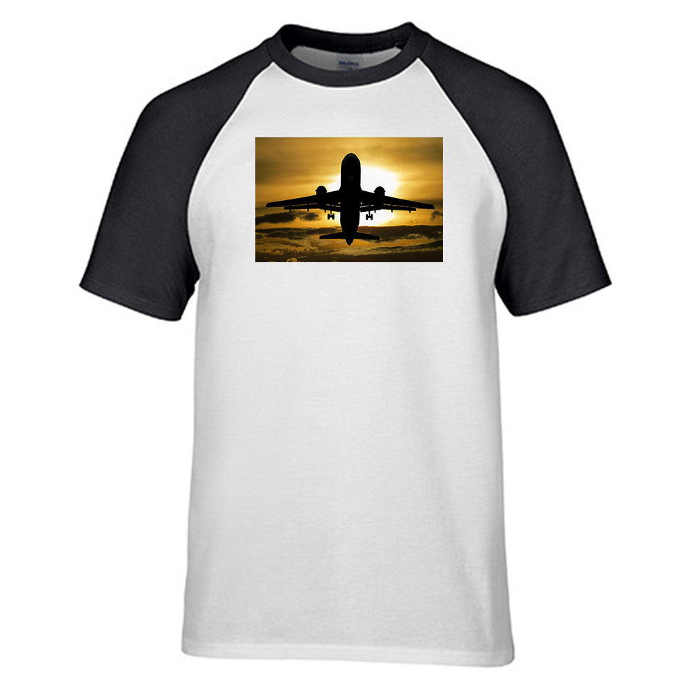 Departing Passanger Jet During Sunset Designed Raglan T-Shirts
