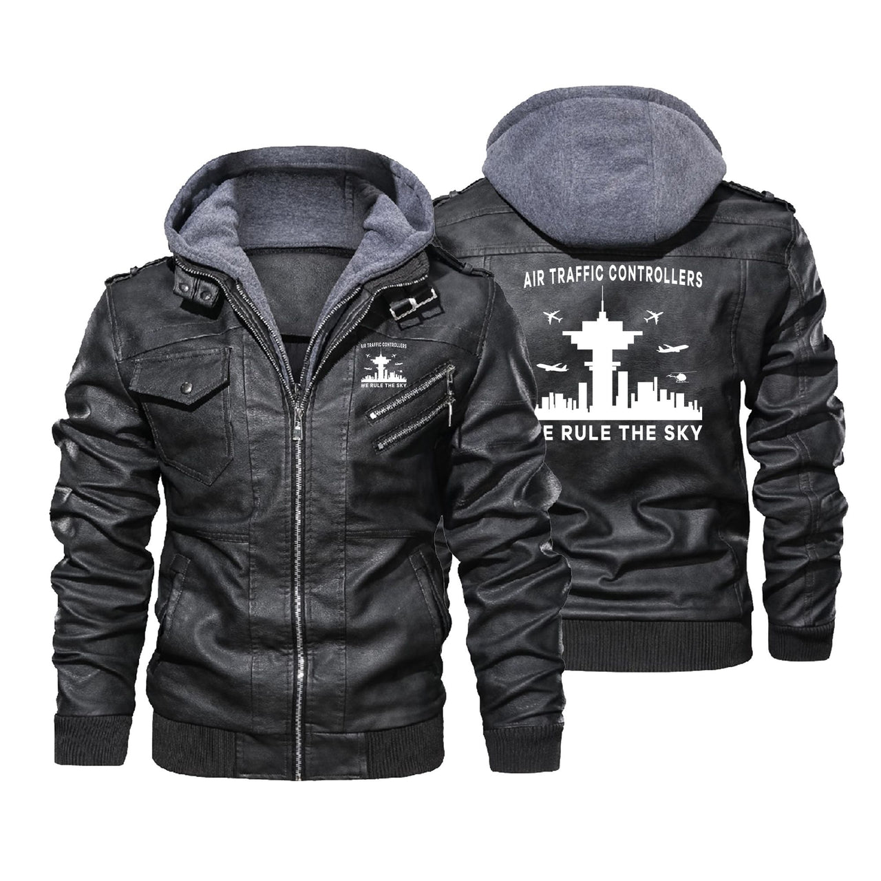 Air Traffic Controllers - We Rule The Sky Designed Hooded Leather Jackets