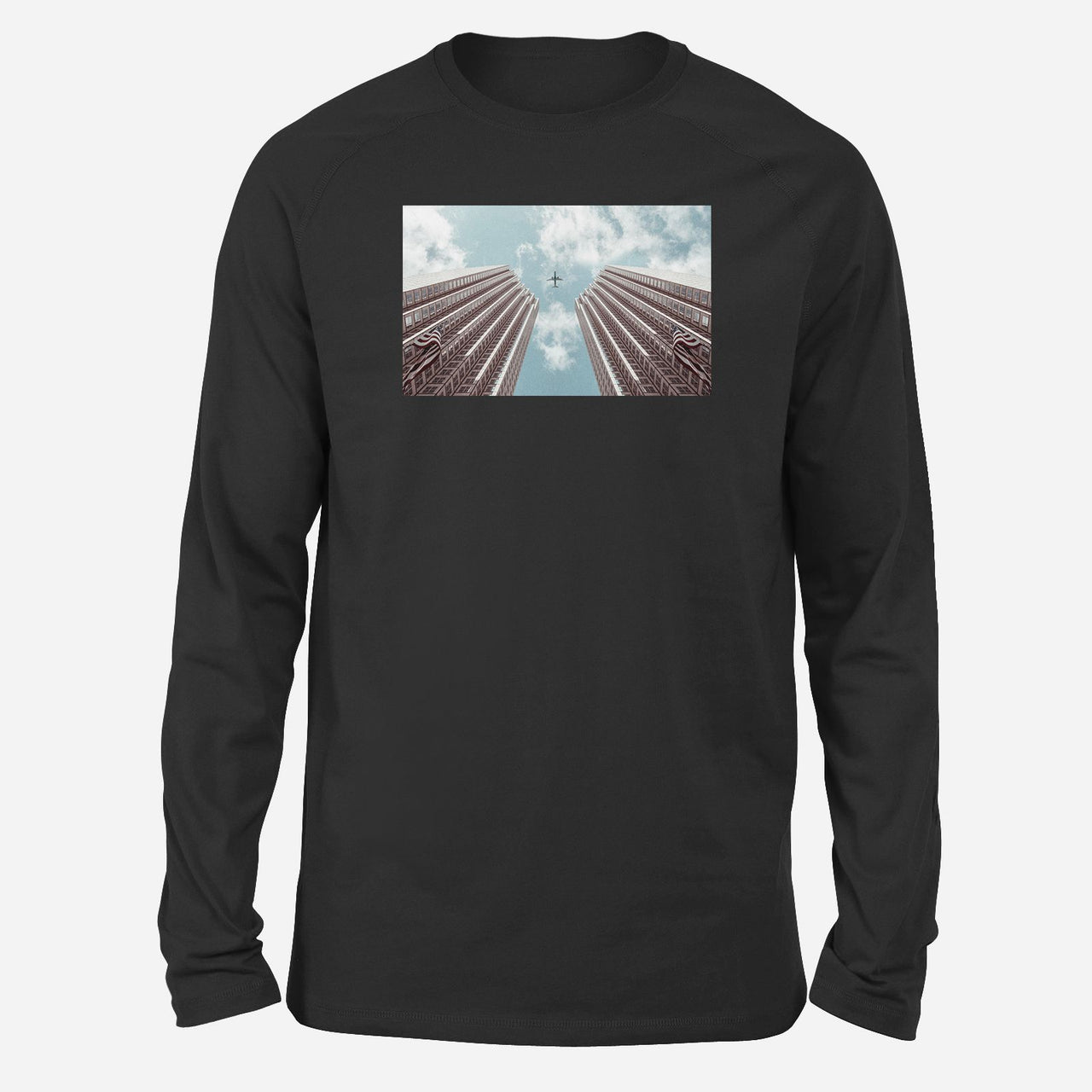 Airplane Flying over Big Buildings Designed Long-Sleeve T-Shirts