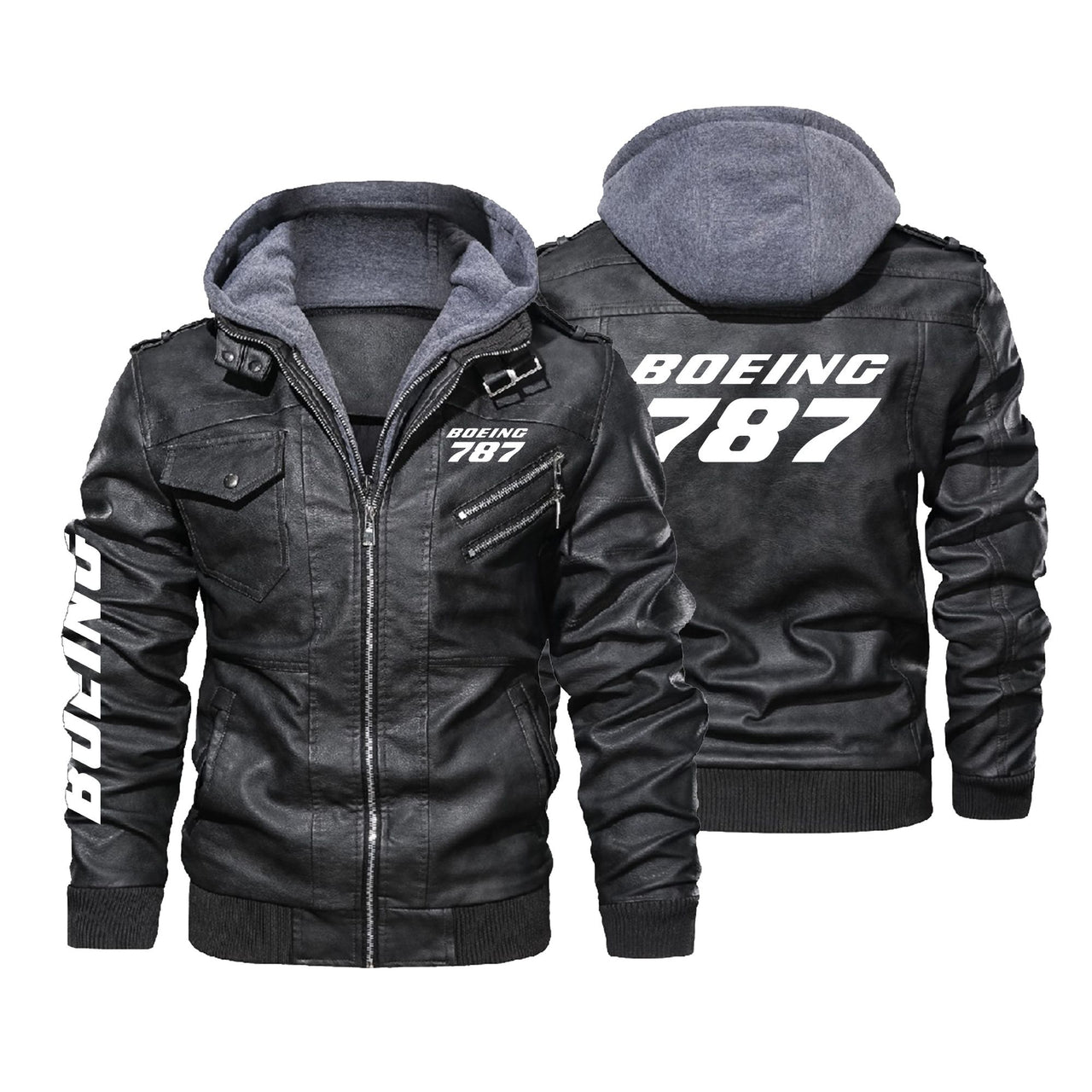 Boeing 787 & Text Designed Hooded Leather Jackets