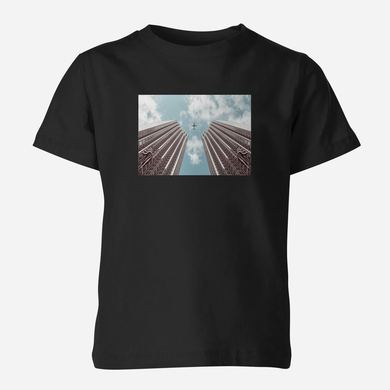 Airplane Flying over Big Buildings Designed Children T-Shirts