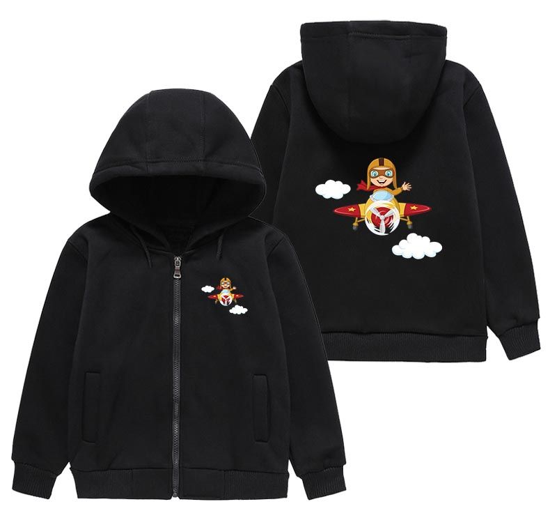 Cartoon Little Boy Operating Plane (Edition 2) Designed "CHILDREN" Zipped Hoodies