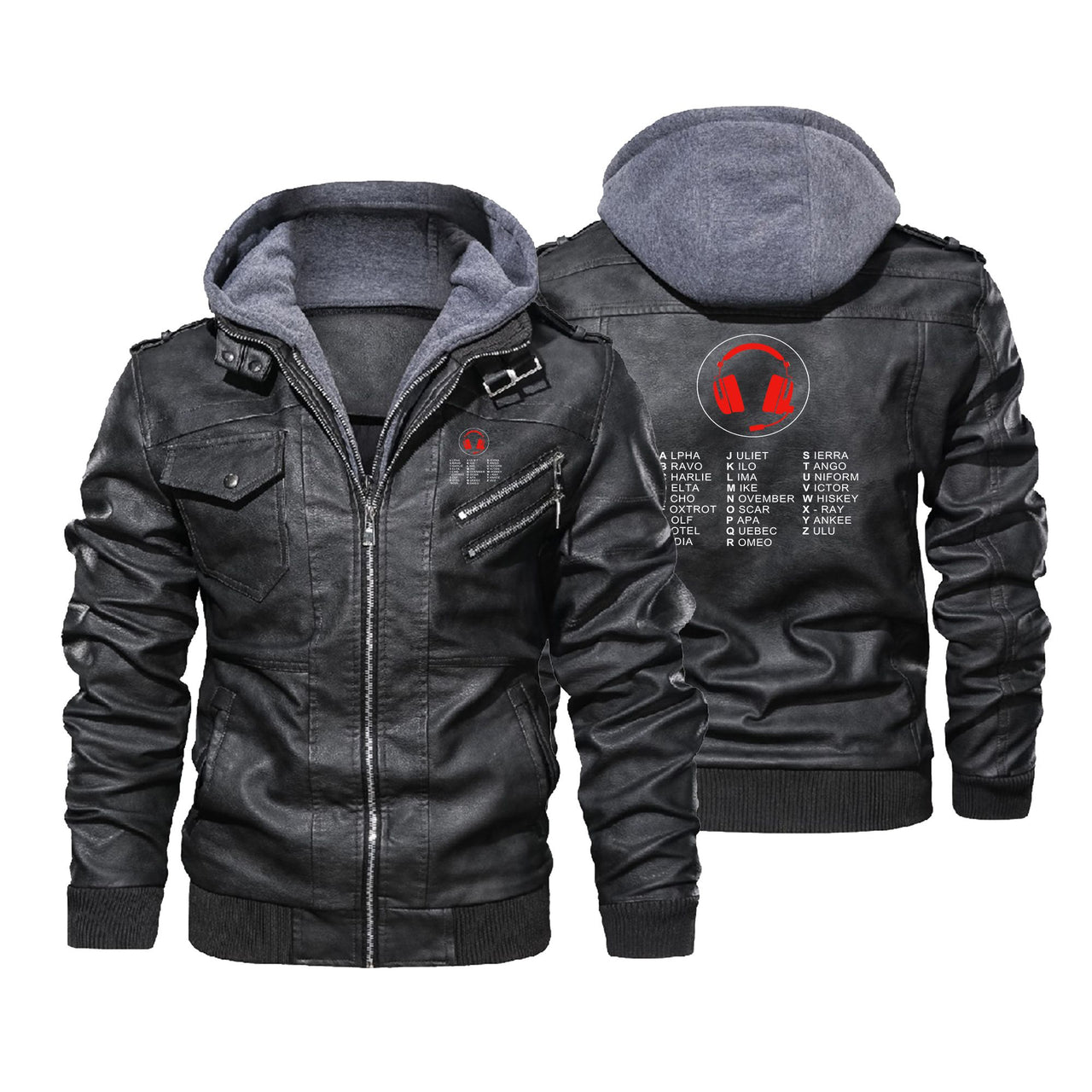 Aviation Alphabet 3 Designed Hooded Leather Jackets