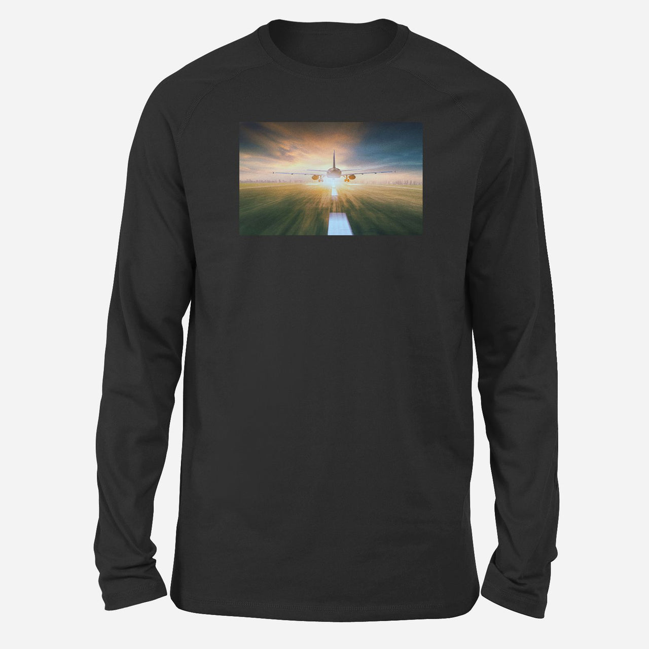 Airplane Flying Over Runway Designed Long-Sleeve T-Shirts