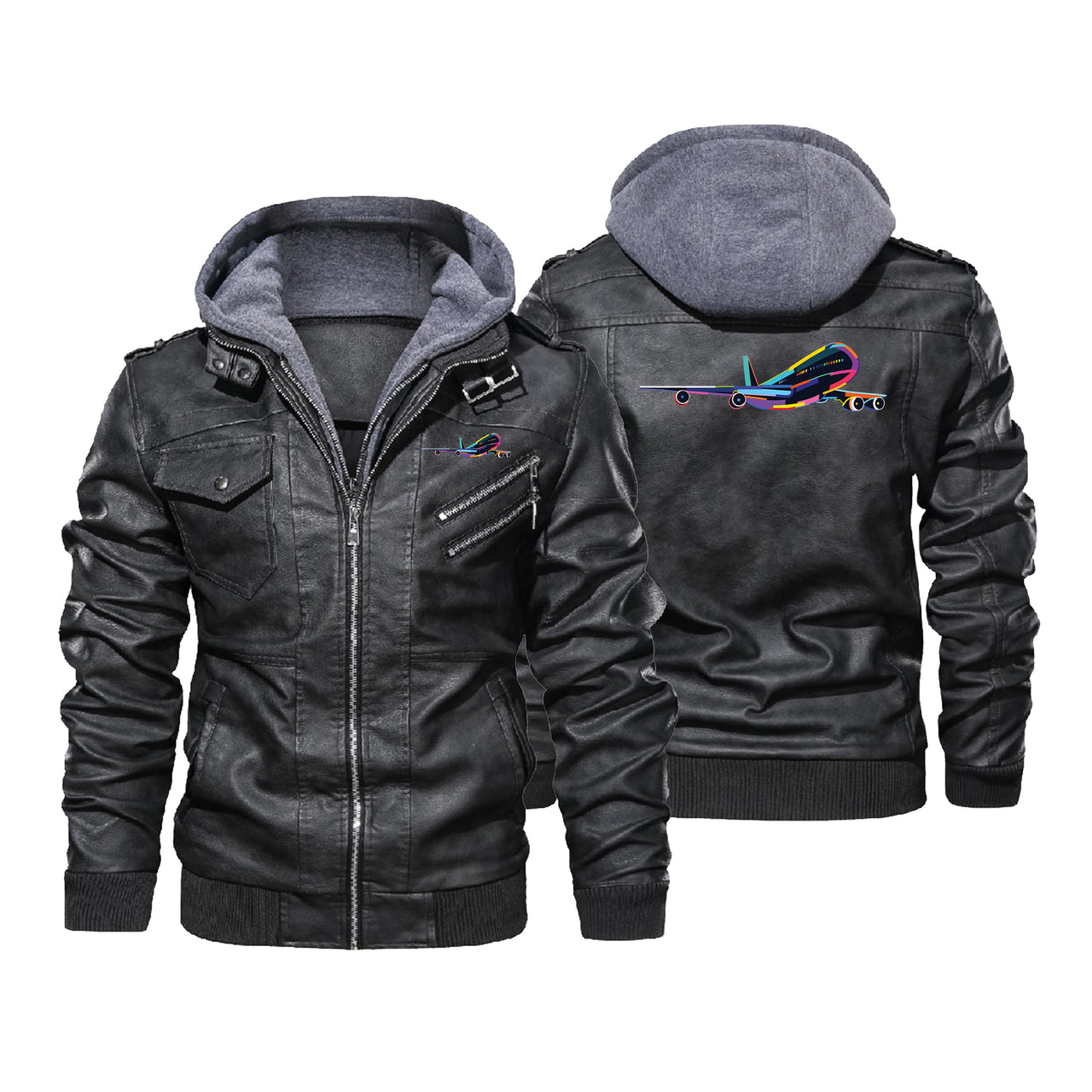 Multicolor Airplane Designed Hooded Leather Jackets