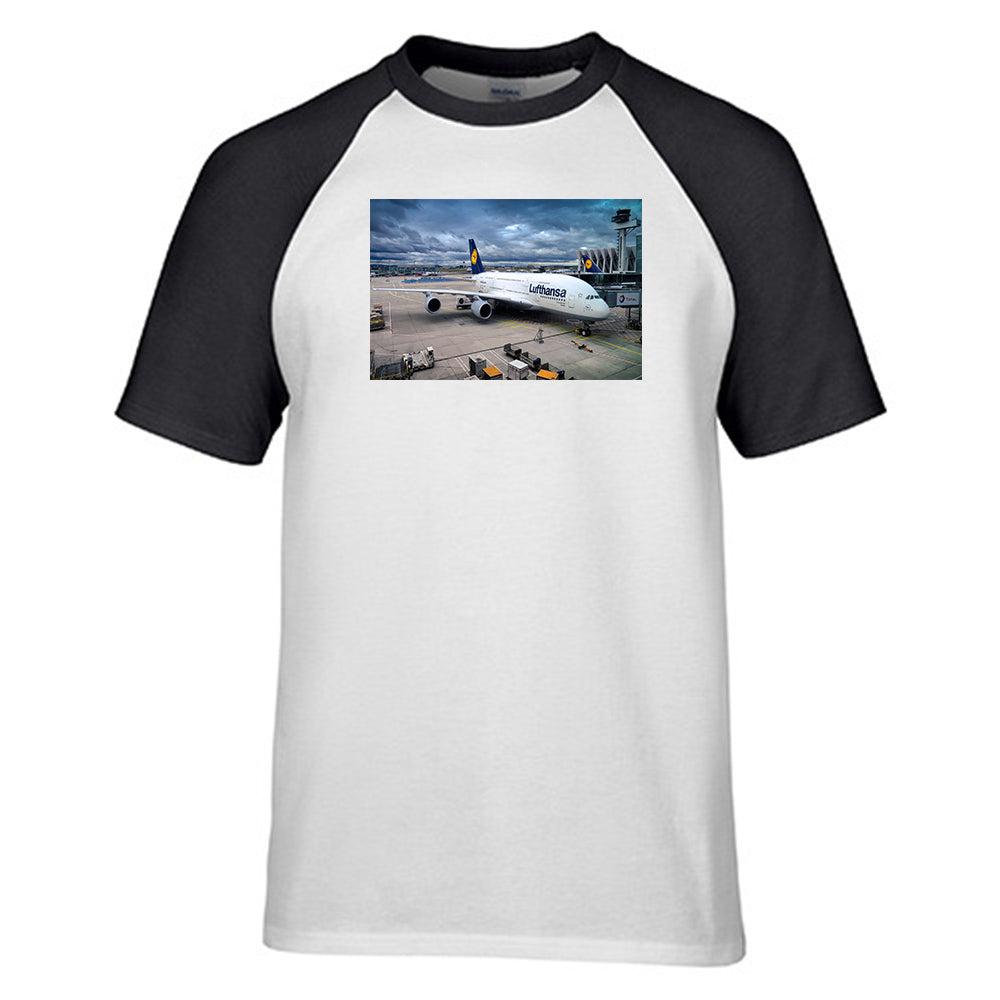Lufthansa's A380 At The Gate Designed Raglan T-Shirts