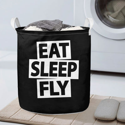 Eat Sleep Fly aviation design on durable fabric with reinforced handles laundry basket.