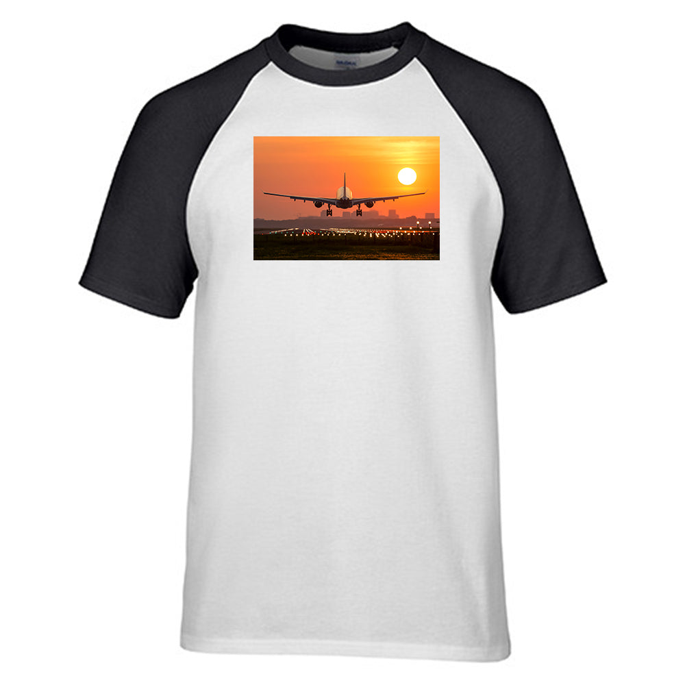 Amazing Airbus A330 Landing at Sunset Designed Raglan T-Shirts