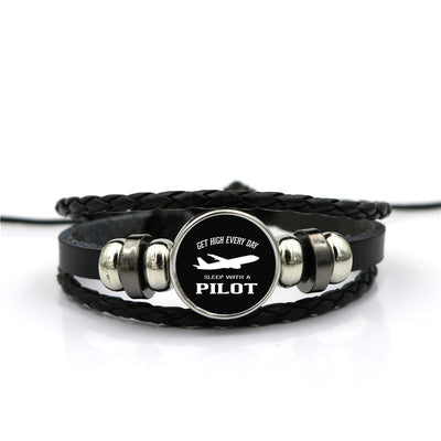 Side view of Get High Every Day Sleep With A aviation bracelet in stainless steel, polished finish.