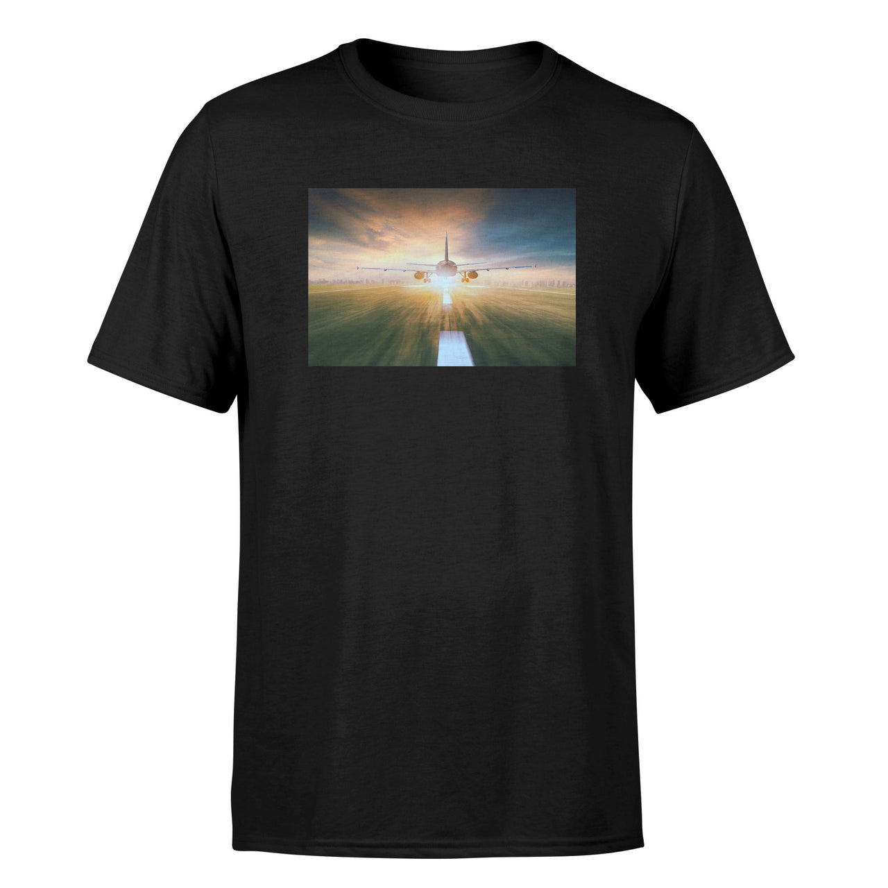 Airplane Flying Over Runway Designed T-Shirts
