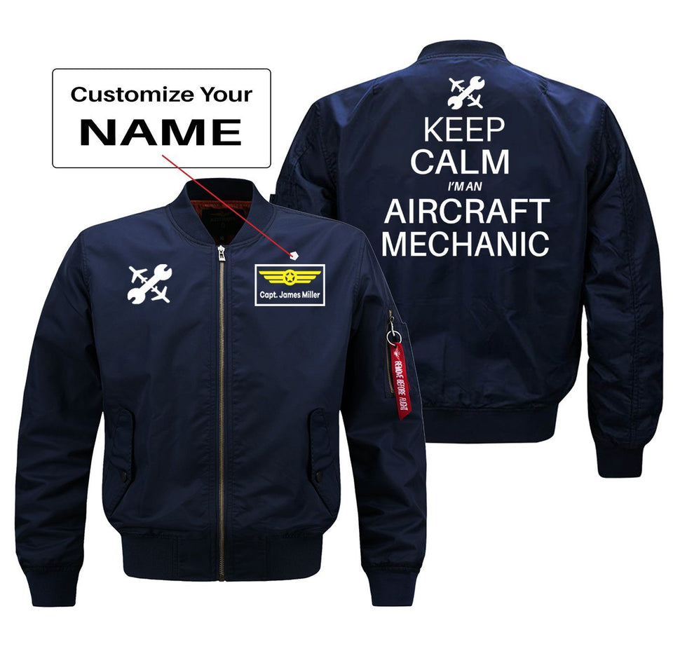 Keep Calm I'm an Aircraft Mechanic Designed Bomber Jackets (Customizable) Pilot Eyes Store Blue (Thin) + Name M (US XS) 