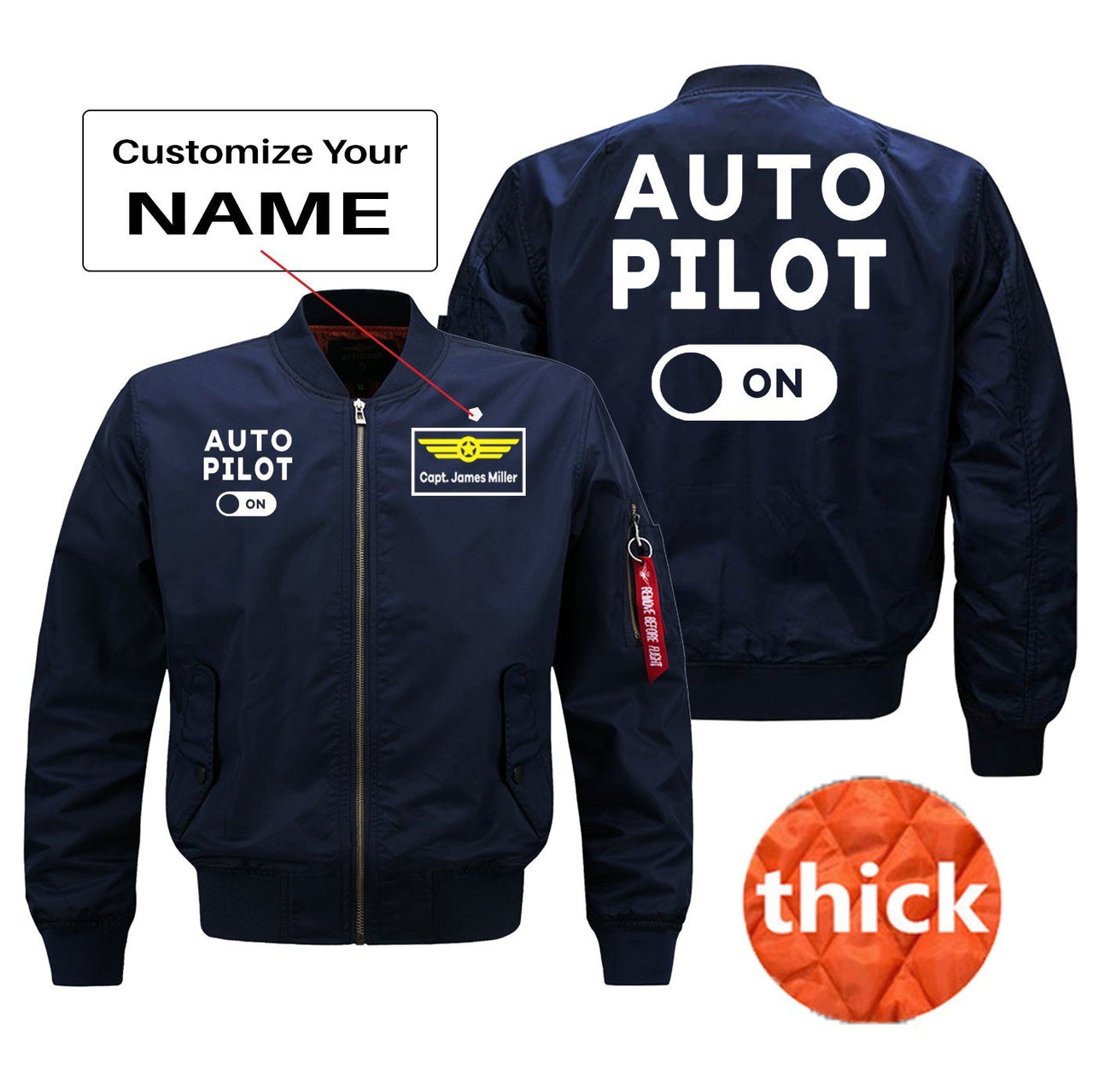 Auto Pilot ON Designed Pilot Jackets (Customizable) Pilot Eyes Store Blue (Thick) + Name M (US XS) 