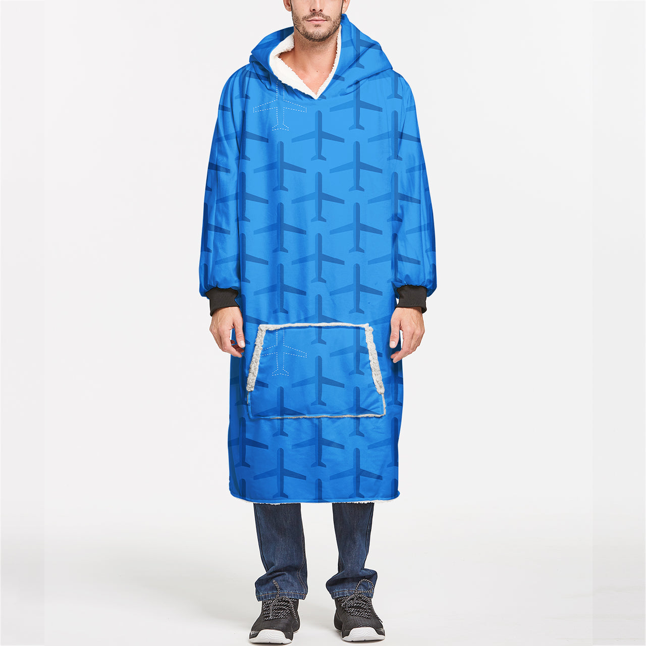 Blue Seamless Airplanes Designed Blanket Hoodies