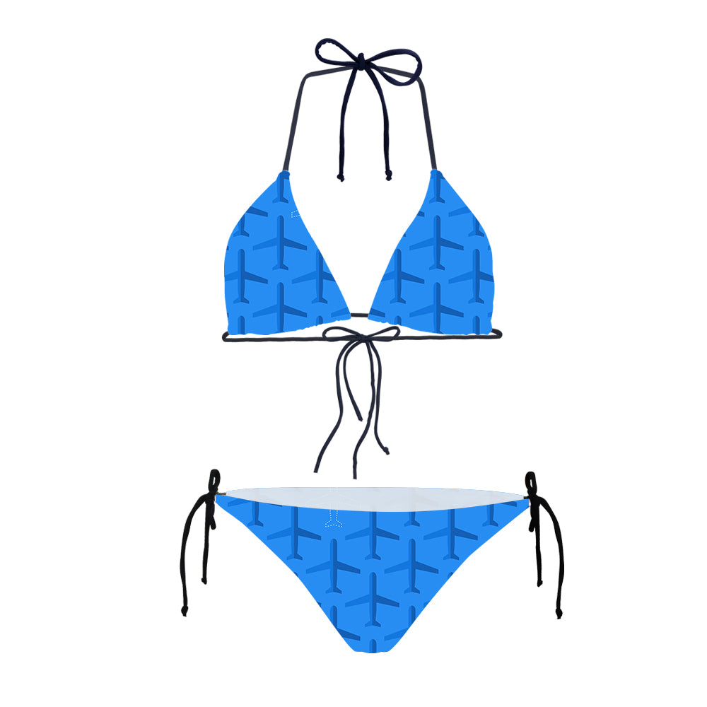 Blue Seamless Airplanes Designed Triangle Bikini