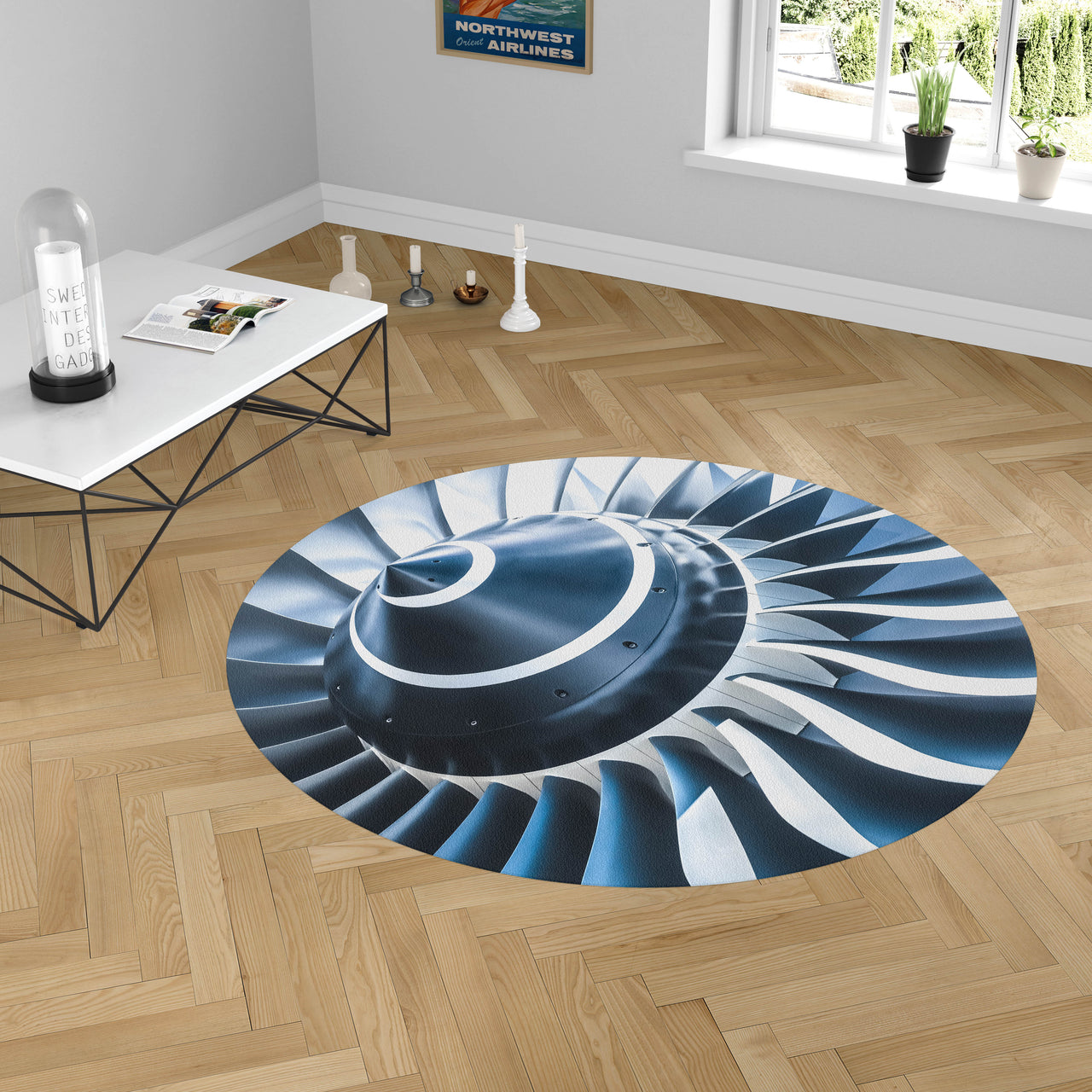 Blue Toned Super Jet Engine Blades Closeup Designed Carpet & Floor Mats (Round)