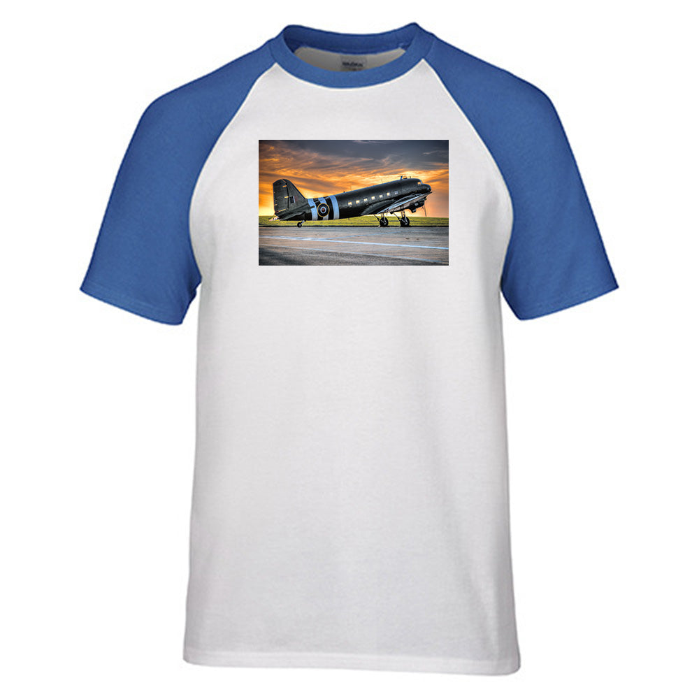 Old Airplane Parked During Sunset Designed Raglan T-Shirts