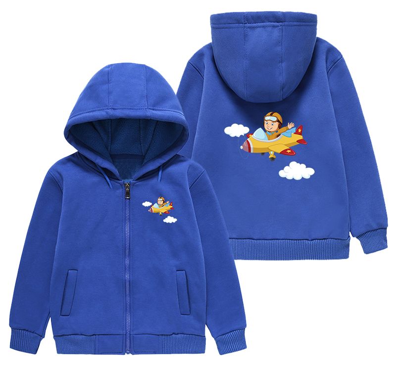 Cartoon Little Boy Operating Plane Designed "CHILDREN" Zipped Hoodies