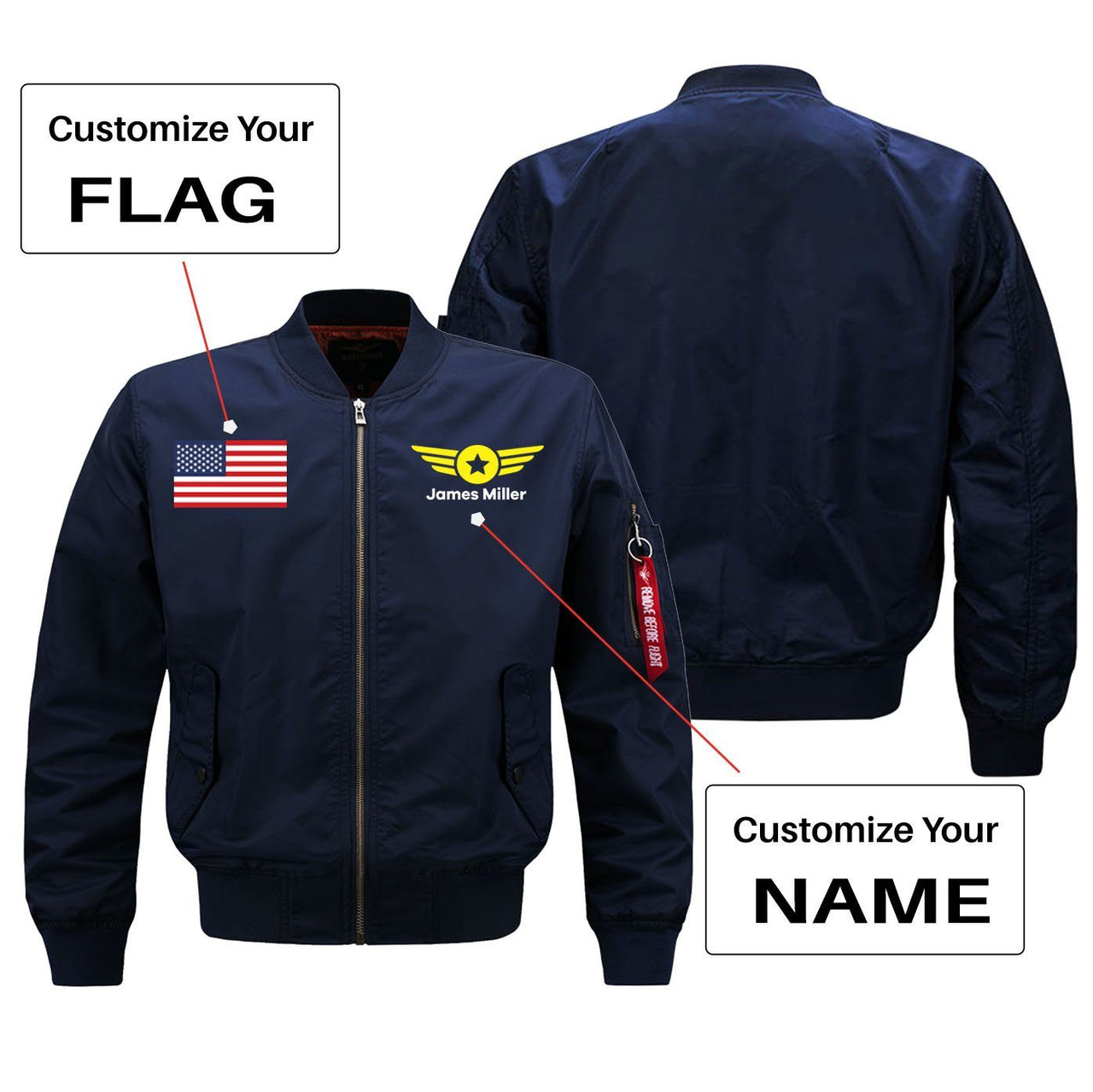 Custom Flag & Name with Badge 4 Designed Pilot Jackets Aviation Shop Blue (Thin) + Name S (US XXS) 