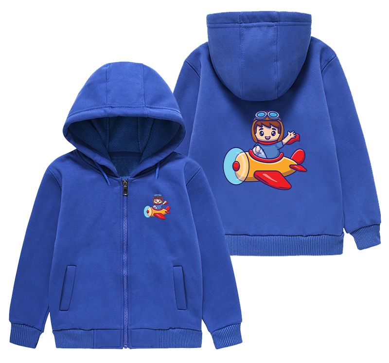Cute Boy Driving Plane Cartoon Designed "CHILDREN" Zipped Hoodies