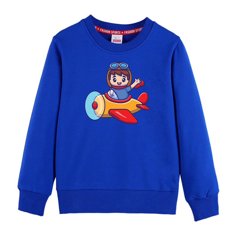 Cute Boy Driving Plane Cartoon Designed "CHILDREN" Sweatshirts