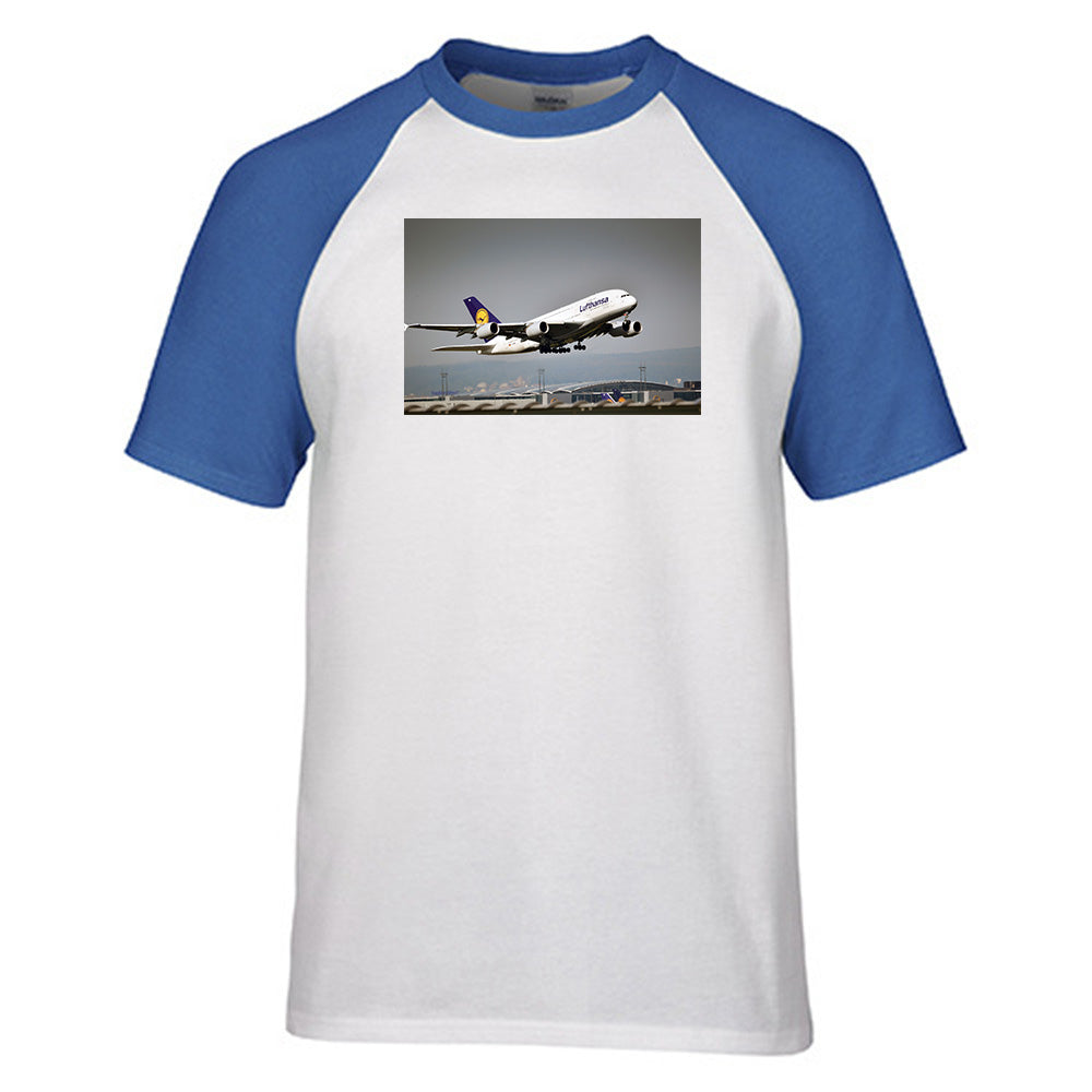 Departing Lufthansa A380 Designed Raglan T-Shirts