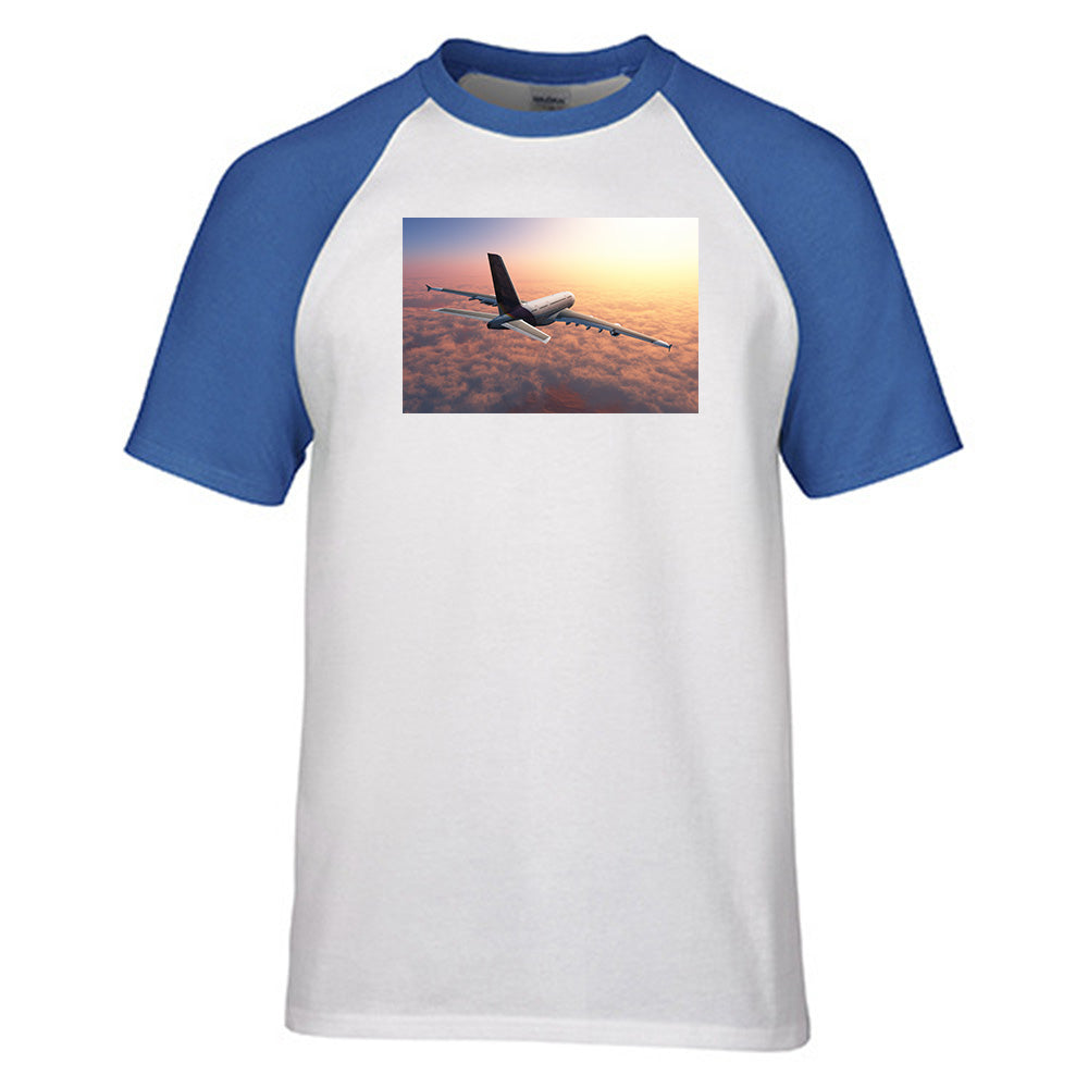 Super Cruising Airbus A380 over Clouds Designed Raglan T-Shirts