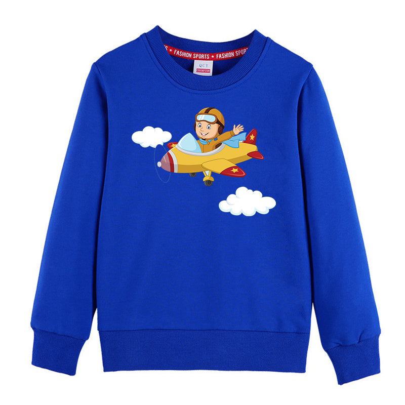 Cartoon Little Boy Operating Plane Designed "CHILDREN" Sweatshirts