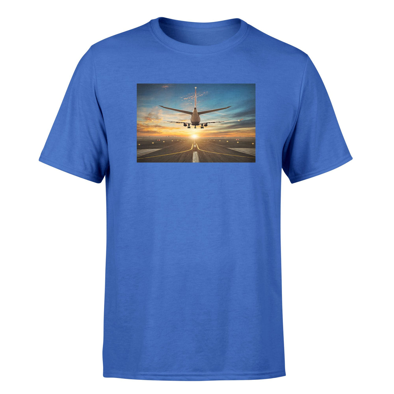 Airplane over Runway Towards the Sunrise Designed T-Shirts