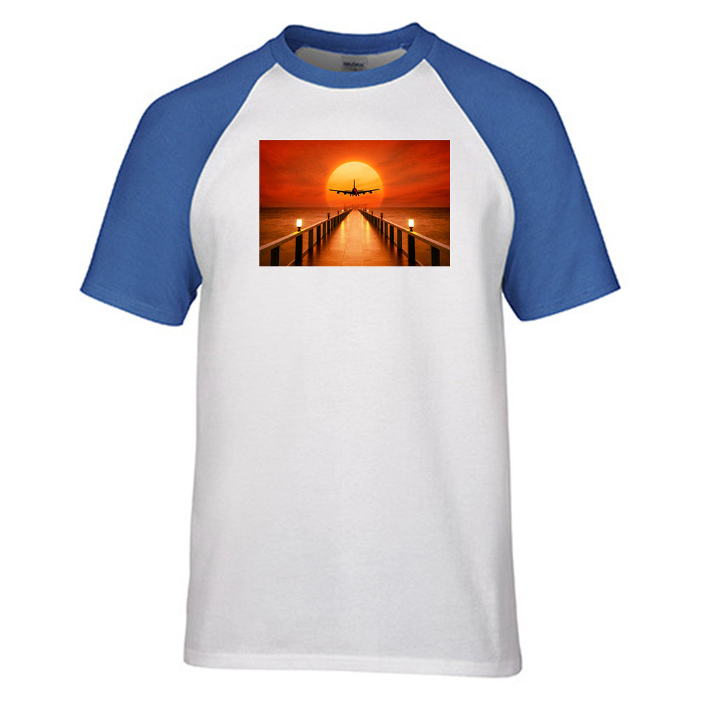 Airbus A380 Towards Sunset Designed Raglan T-Shirts