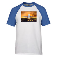 Thumbnail for Amazing Departing Aircraft Sunset & Clouds Behind Designed Raglan T-Shirts