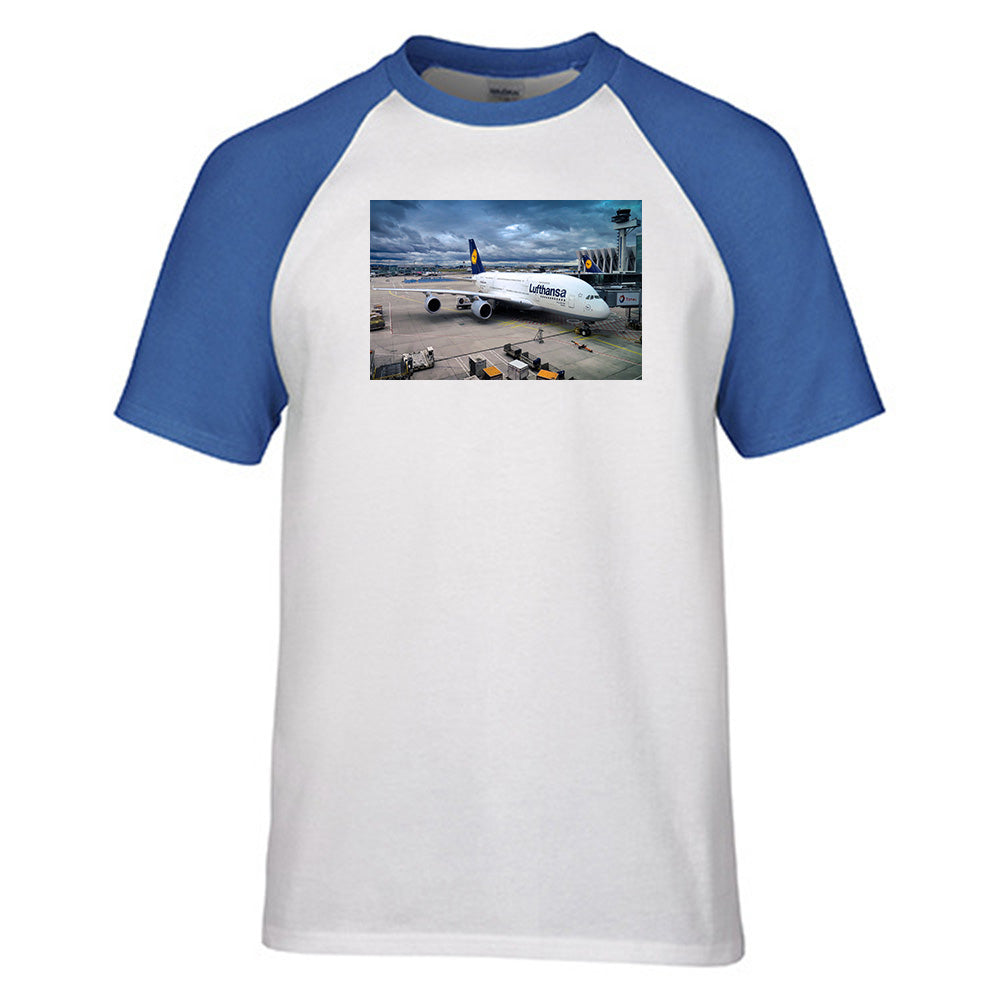 Lufthansa's A380 At The Gate Designed Raglan T-Shirts