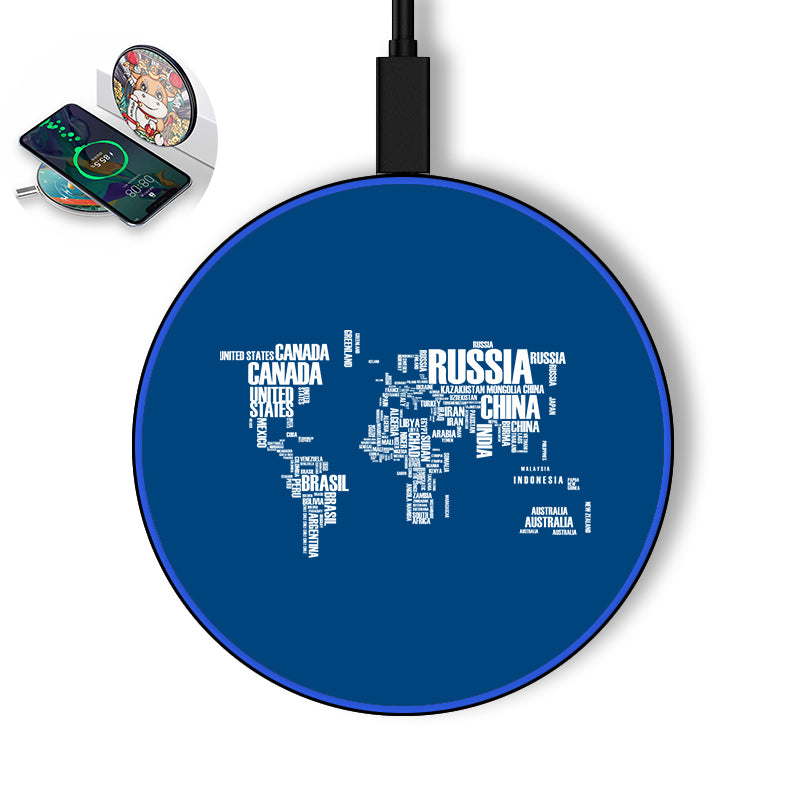 World Map (Text) Designed Wireless Chargers