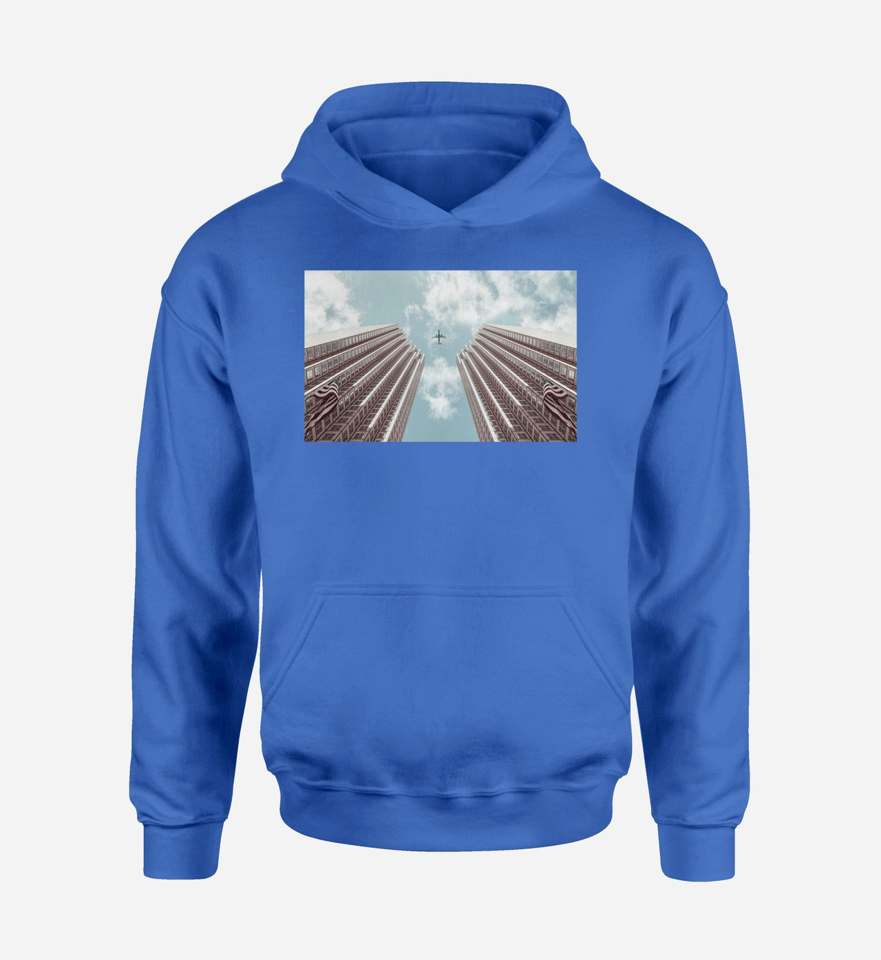 Airplane Flying over Big Buildings Designed Hoodies