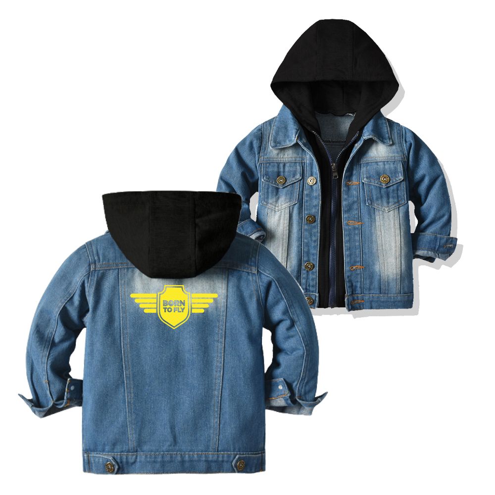Born To Fly & Badge Designed Children Hooded Denim Jackets